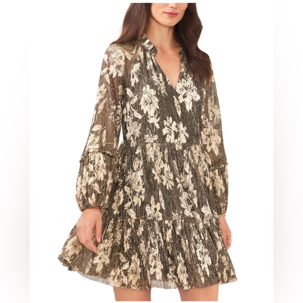 Vince Camuto Women's Floral-Print Split-Neck Ruffed Dress